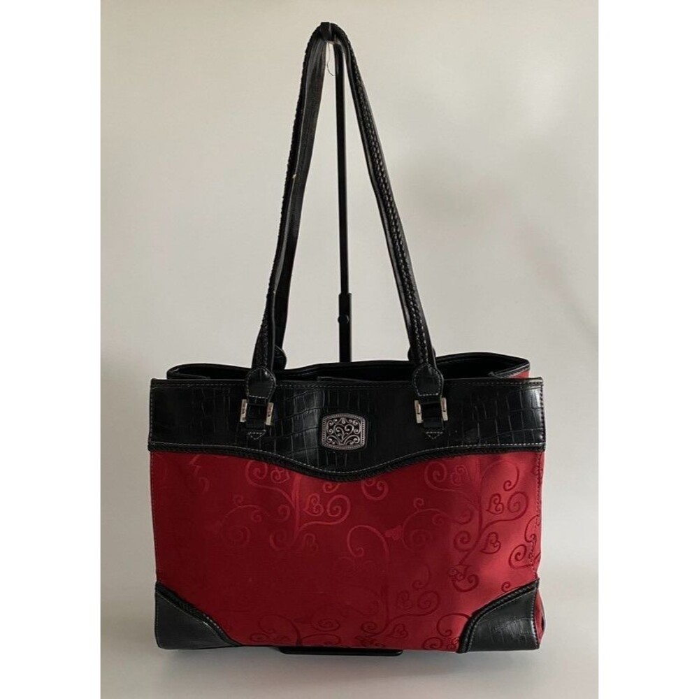 Coldwater Creek Burgundy Black Tote Purse Faux Leather Heart Scroll Shoulder Bag